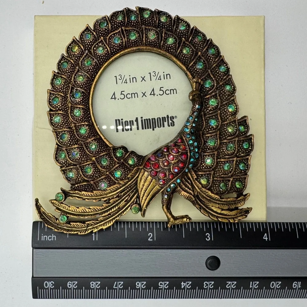 Pier 1 Imports Peacock Desk Picture Frame Rhinestone‎ Jeweled Ornate Brass Tone